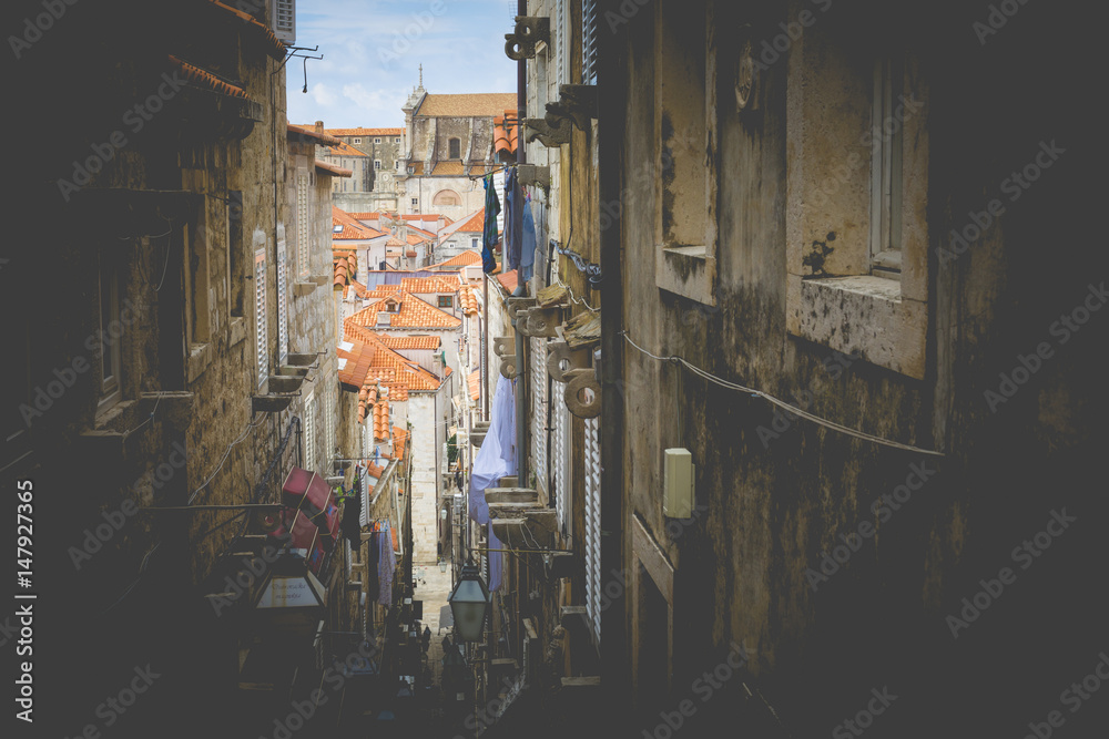Street in the Historic Old Town and Fortress of Dubrovnik, Croatia on the Adriatic Sea