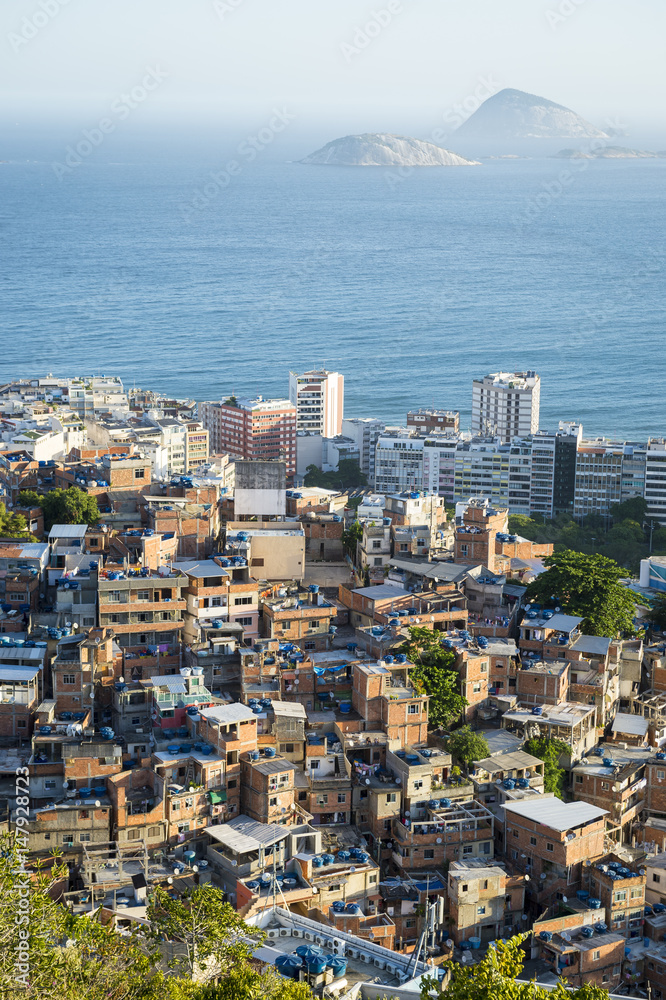 Scenic view of the Rio de Janeiro, Brazil skyline from the favela slum of Cantagalo, in Ipanema