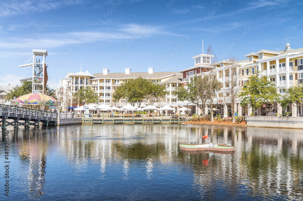 DESTIN, FL - FEBRUARY 2016: Harborwalk Village colourful homes on a sunny day. It is a shopping mall with lots of entertainment areas