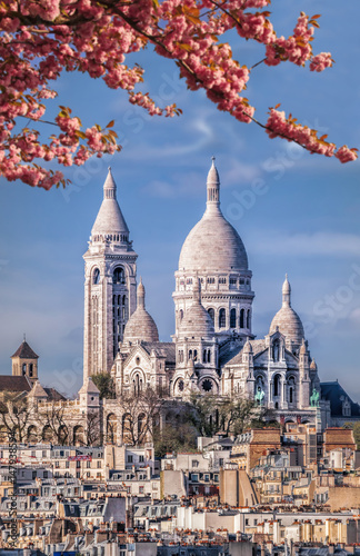 Famous Sacre Coeur Cathedral during spring time in Paris, France