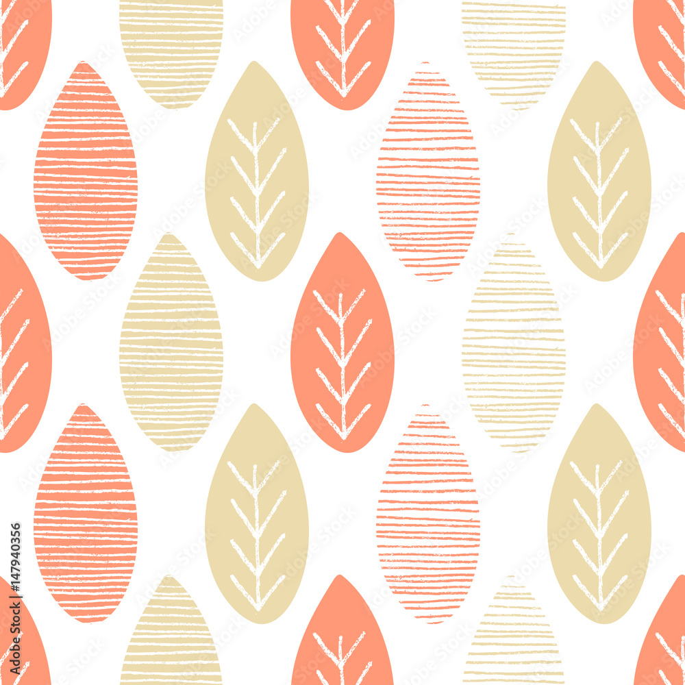 Seamless nature vector pattern. Salmon and beige leaves with lines and twigs on white background. Hand drawn abstract autumn ornament Seamless nature vector pattern. Salmon and beige leaves with lines and twigs on white background. Hand drawn abstract autumn ornament