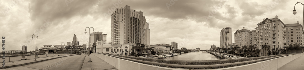 TAMPA, FL - FEBRUARY 2016: Panoramic view of Tampa coastline from city bridge. Tampa is a famous Florida destination
