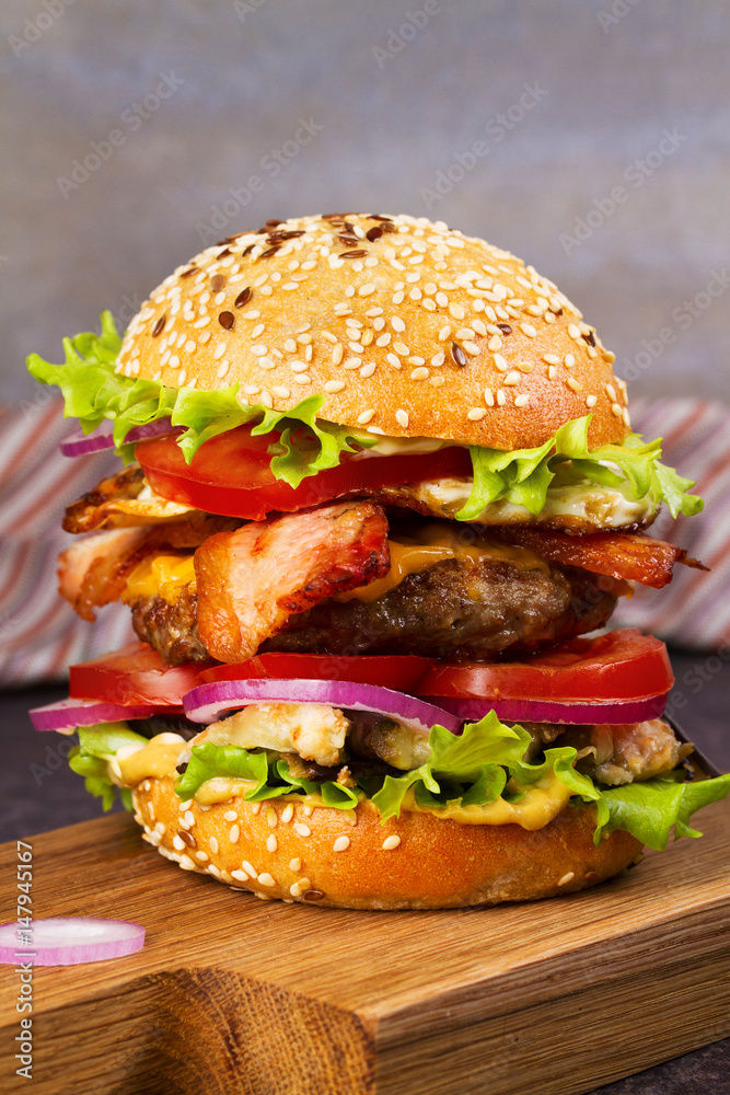 Burger With Beef, Bacon, Egg and Eggplant Burger With Beef, Bacon, Egg and Eggplant