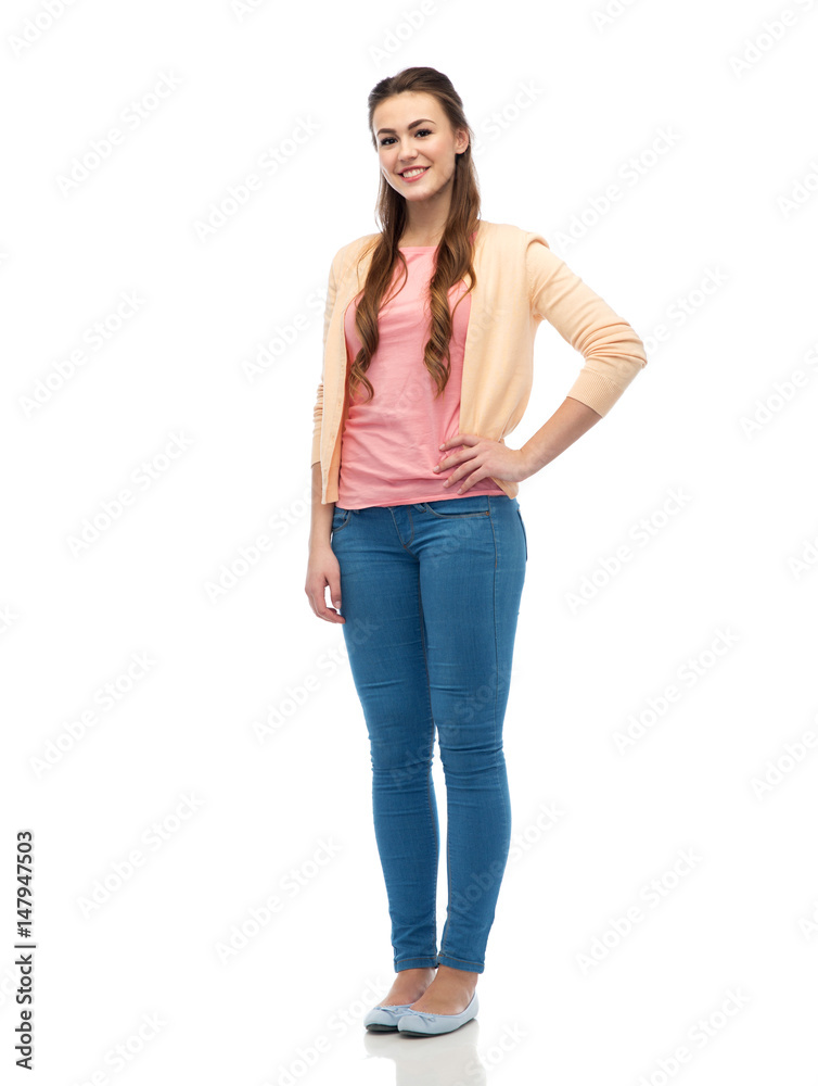 happy smiling young woman in cardigan and jeans happy smiling young woman in cardigan and jeans