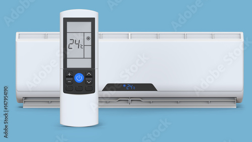 Split system air conditioner. Cool and cold climate control system. Realistic conditioning with remote controller. 3D render on blue background