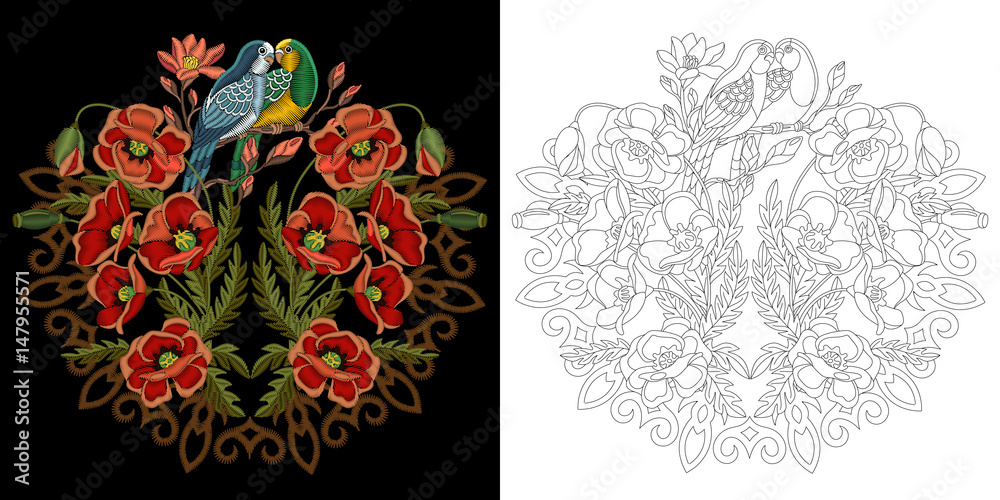 Fototapeta premium Embroidery design. Collection of floral elements for patches and stickers. Coloring book page with budgie parrots, poppy flowers and mandala.