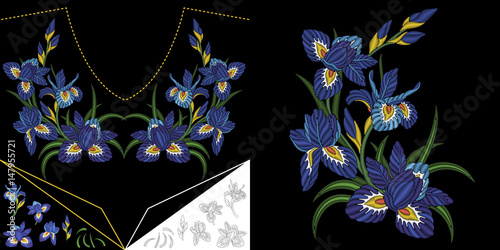 Fototapeta Naklejka Na Ścianę i Meble -  Embroidery neckline design. Collection of floral elements for dresses, collar t-shirts and blouses. Coloring outline drawing of iris flowers.