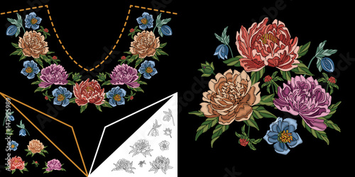 Embroidery neckline design. Collection of floral elements for dresses, shirts and blouses. Coloring outline drawing of chinese peony and forget me not flowers.