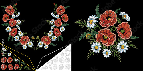Embroidery neckline design. Collection of floral elements for dresses, collar t-shirts and blouses. Coloring outline drawing of chamomile, daisy and poppy flowers.