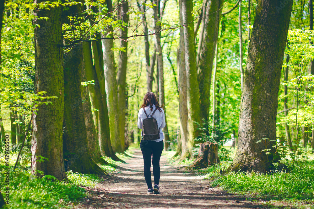 Young traveler on a pathway in the forest. Beautiful woman with bag. Nature. Deciduous trees. Spring time. Pleasure weather and sun light.