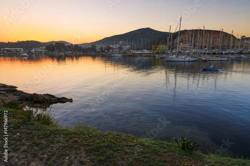 View of a marina in Lakki village on Leros island in Greece early in the morning. 