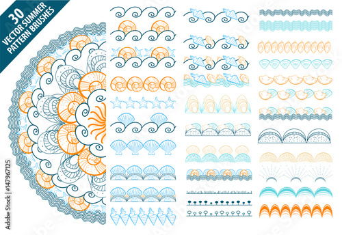 Summer vector pattern brushes with hand drawn colorful seashells and waves set