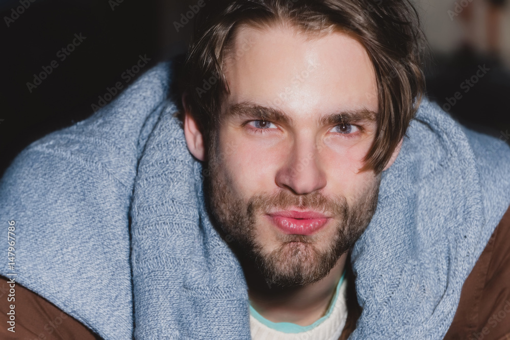 handsome unshaven man with beard or sexy, caucasian macho handsome unshaven man with beard or sexy, caucasian macho