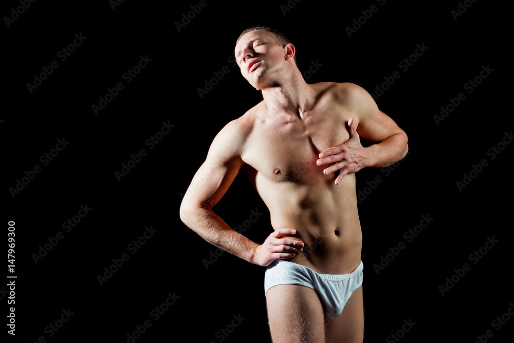 muscular man hold hand on chest has heartache muscular man hold hand on chest has heartache