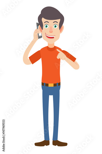 Man pointing his finger at the mobile phone that he talks