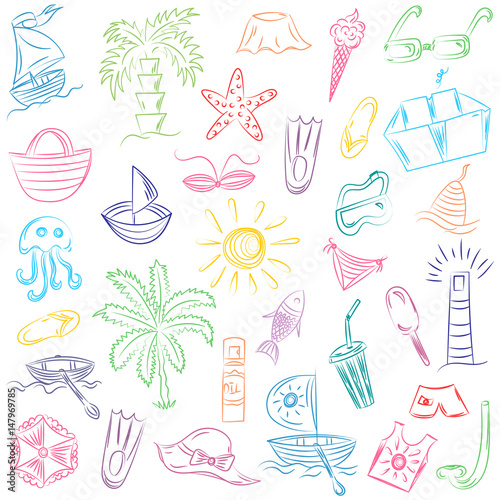 Colorful Hand Drawings of Summer Vacancies Symbols. Doodle Boats, Ice cream, Palms, Hat, Umbrella, Jellyfish, Cocktail, Sun. Vector Illustration.