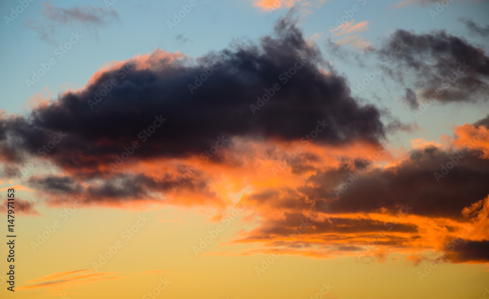 Beautiful bright sunset sky with fluffy clouds