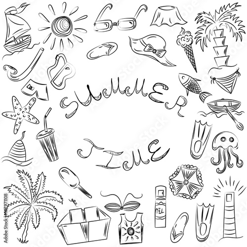 Summer Time. Hand Drawn Summer Vacancies Symbols. Doodle Boats, Ice cream, Palms, Hat, Umbrella, Jellyfish, Cocktail, Sun. Sketch Style. Vector Illustration.