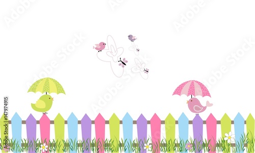 Pajaritos con paraguas y valla de colores.