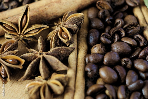 Macro. Spicy seasoning for coffee. Cinnamon, Cloves, Black Pepper, Cardamom, Star anise © Igor