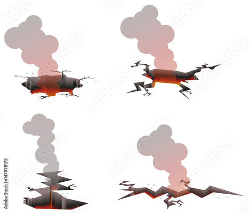 Ground cracks or hole with fire, lava and smoke vector image