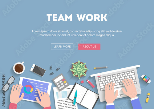 Concept banner flat design team work, top view. Working together, businessmen develop strategy, hands with devices and office objects, vector illustration