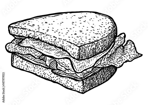 Sandwich illustration, drawing, engraving, ink, line art, vector