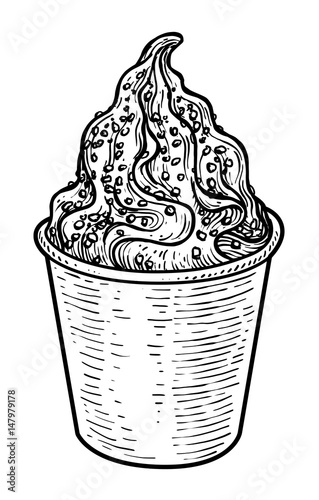 Ice cream illustration, drawing, engraving, ink, line art, vector
