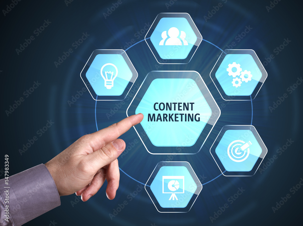 Business, Technology, Internet and network concept. Young businessman shows the word: Content marketing Business, Technology, Internet and network concept. Young businessman shows the word: Content marketing