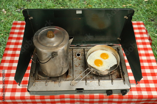 Camping Stove, Frying Eggs, and Coffee Pot