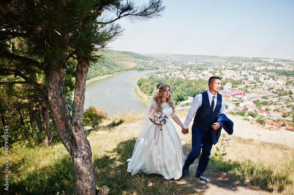 Happy wedding couple in love on sunny day stay against cliff with landscape and river.