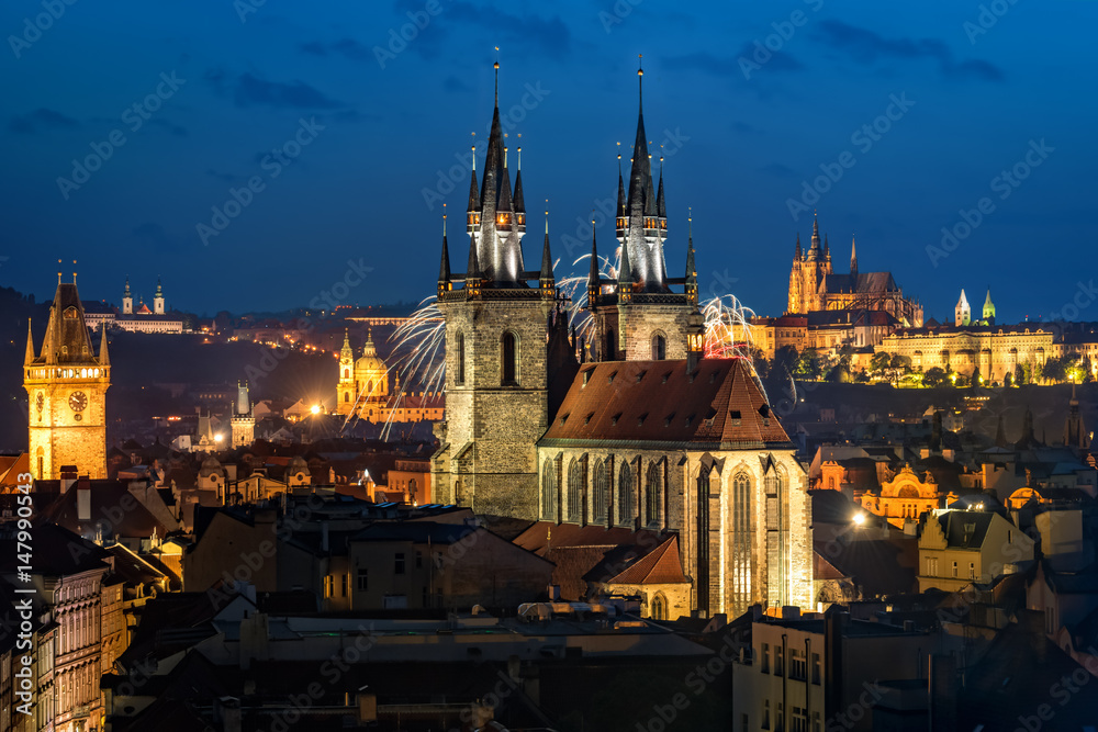 Night aerial view of Prague old town