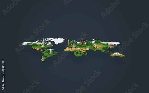 3d illustration of a soil slice, travel, world map with architecture, monuments, forest, sands and snow on dark background