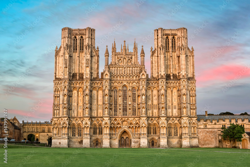 West front of Wells Cathedral at sunset