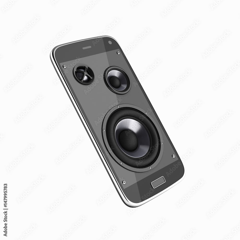 Fototapeta premium Musical smartphone Mobile phone music app Cellphone and loudspeakers without shadow on white background 3d