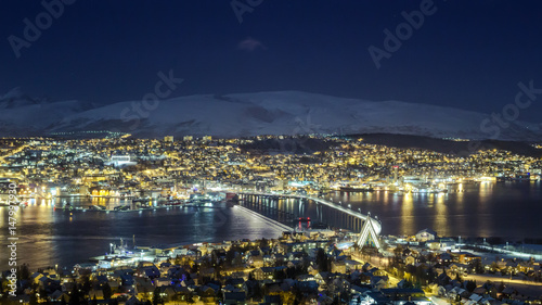 Tromsø at night, view towards bridge and Arctic Cathedral