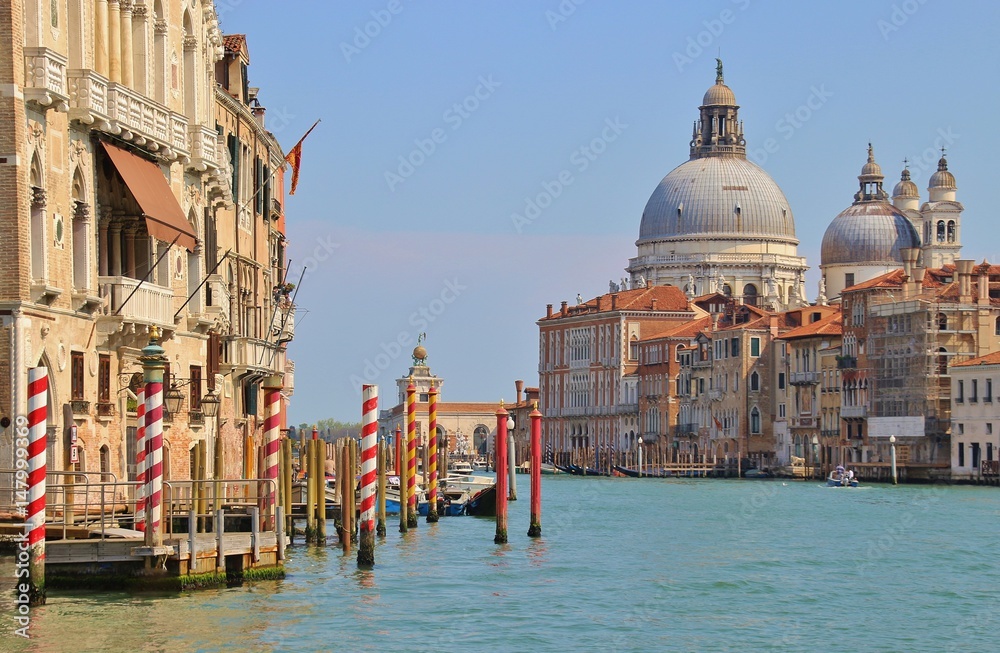 View of the Grand Canal and the  baroque church Santa Maria della Salute in Venice.  Italy, Europe.
