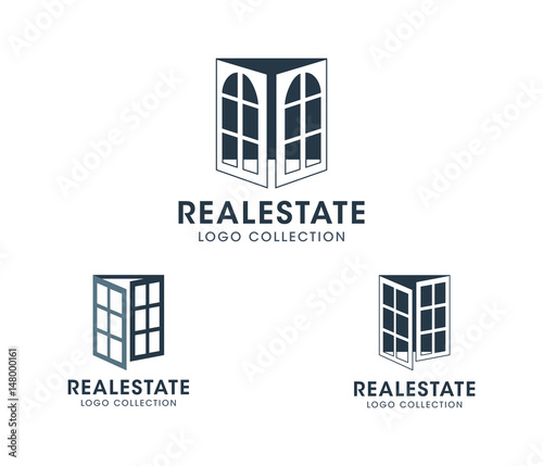 Real Estate Logo set. Silhouette vector windows and doors. Text placeholder for personal business branding.