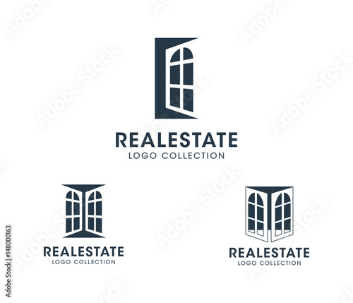 Real Estate Logo set. Silhouette vector windows and doors. Text placeholder for personal business branding.