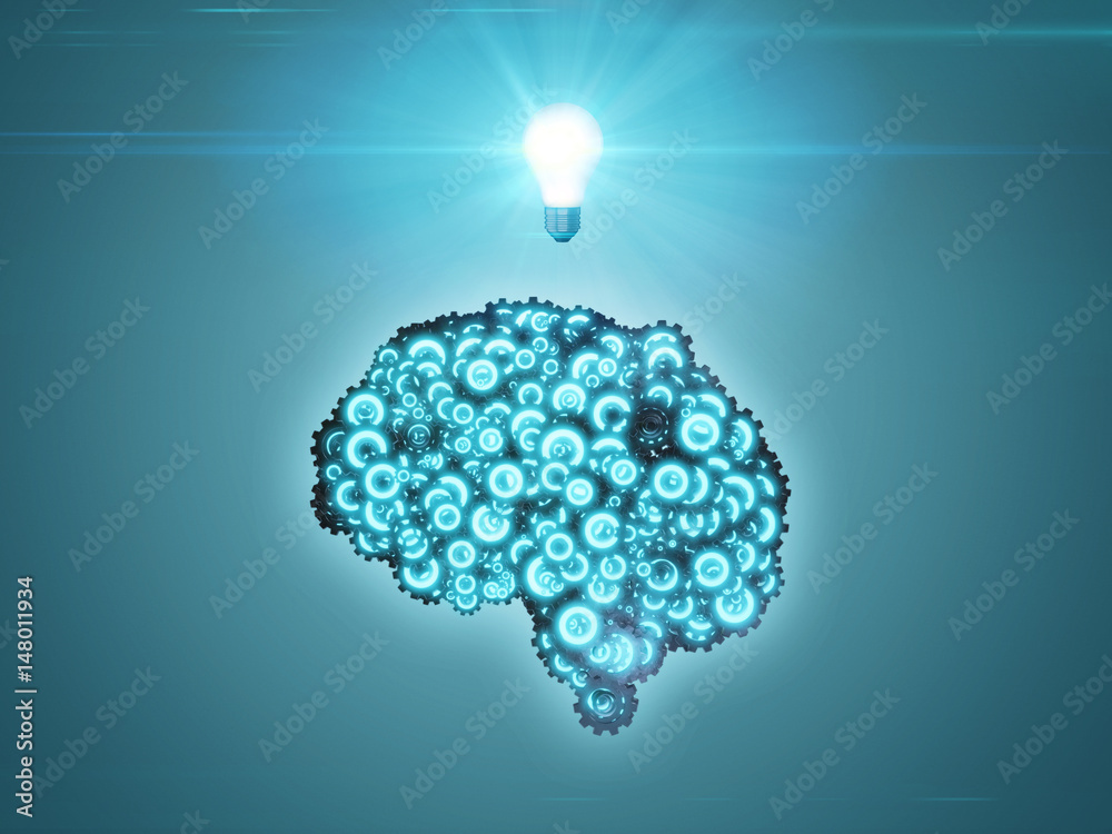 Fotografie Blue cogwheel mechanical brain with lightbulb - 3d rendered concept
