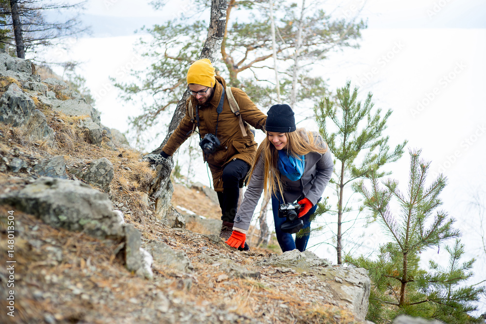 Couple hiking in forest Couple hiking in forest