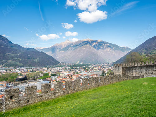 Bellinzona cityscape view and rock wall photo