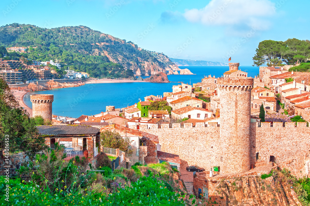 Spain.  Catalunya. Tossa de Mar. Aerial and panoramic view of Fortress Vila Vella and Badia de Tossa on the Costa Brava. Azure sea. Sightseeing tour in Spain.