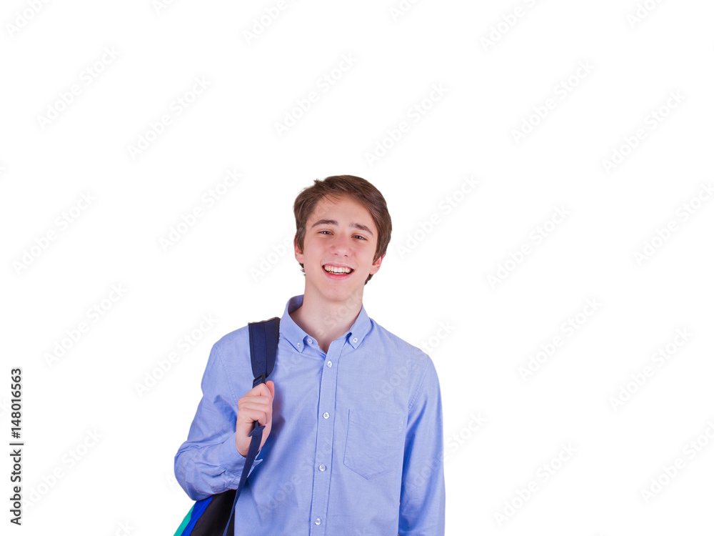 Handsome teenager carrying backpack on one shoulder and smiling. Happy teen boy, isolated on white background. Ready to study Handsome teenager carrying backpack on one shoulder and smiling. Happy teen boy, isolated on white background. Ready to study