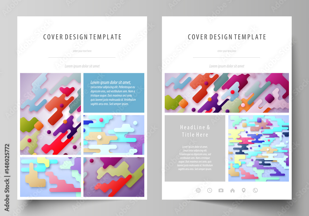 Business templates for brochure, flyer, report. Cover design template, abstract vector layout in A4 size. Bright color lines and dots, minimalist backdrop, geometric shapes, minimalistic background.