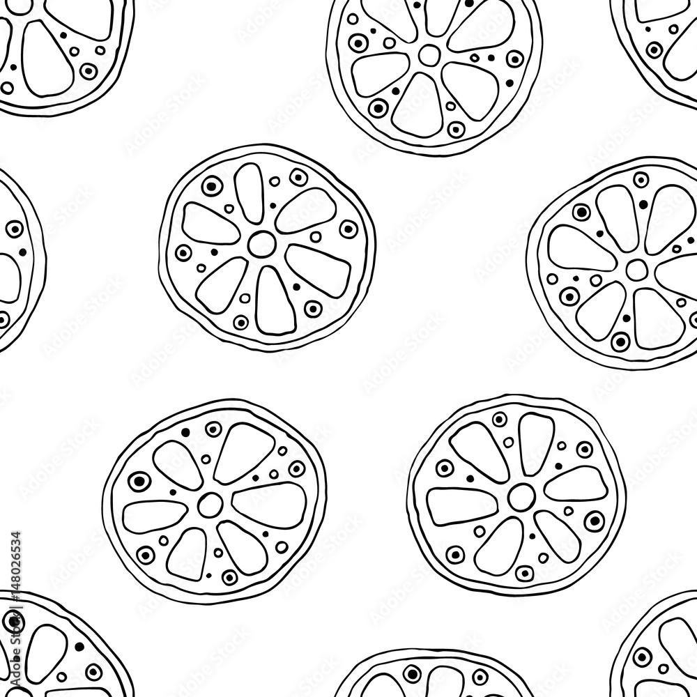 Seamless vector hand drawn childish pattern with fruits. Cute childlike lime, lemon, orange, grapefruit with leaves, seeds, drops. Doodle, sketch, cartoon style background. Line drawing