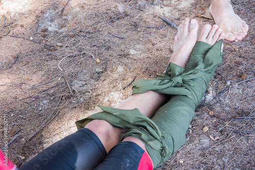 Photography improvise splint of leg first aid fraction bone