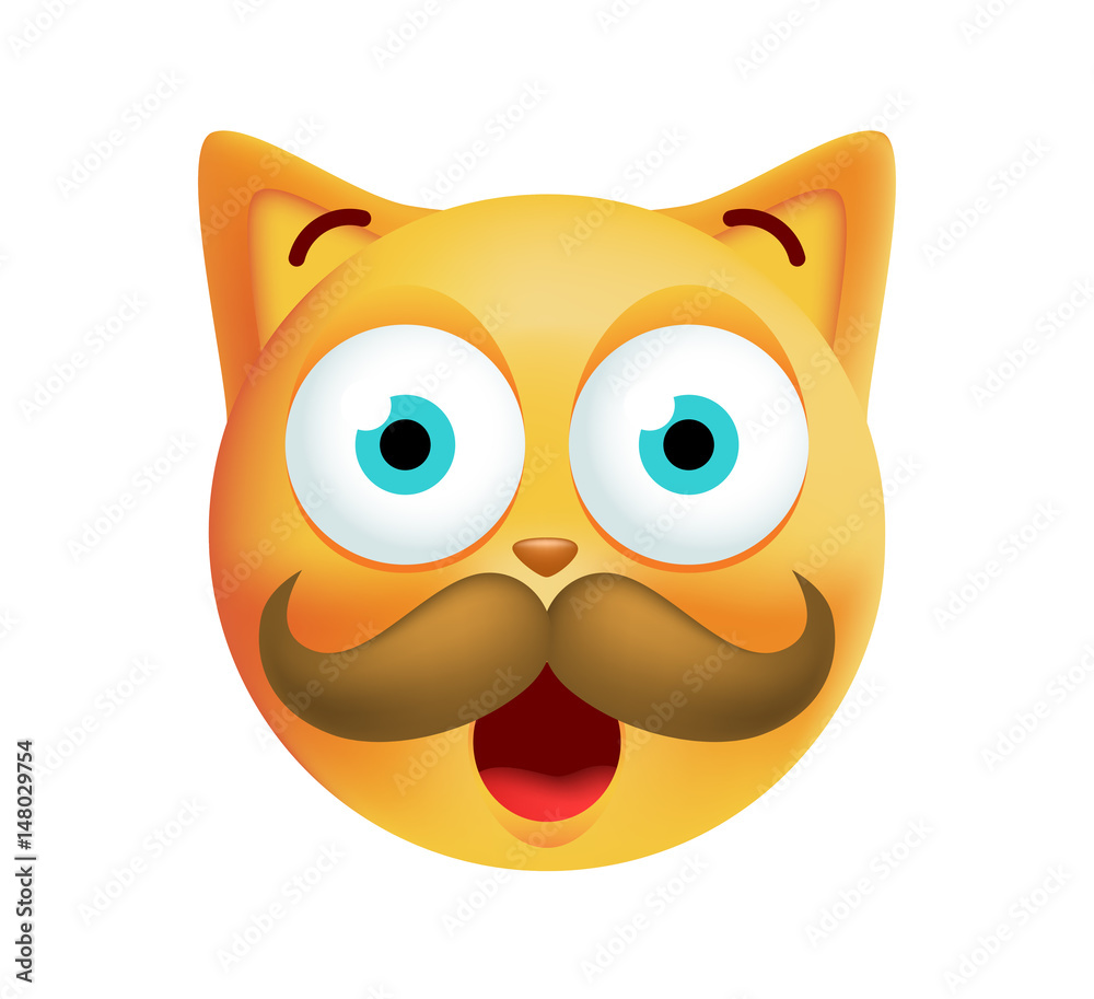 Cute Emoticon Cat with Mustache on White Background. Isolated Vector Illustration 