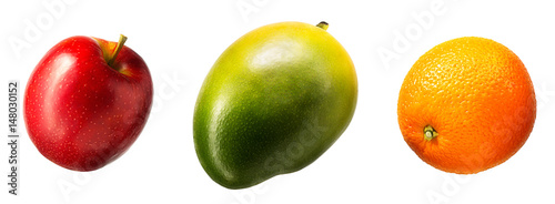 Fototapeta Naklejka Na Ścianę i Meble -  Summer fruit set against a white background apple, mango, orange