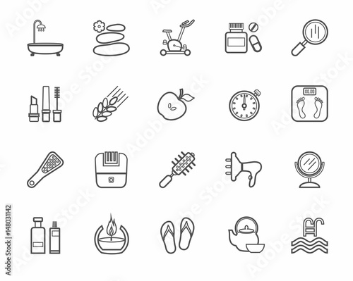 Beauty and health, icon, line, monochrome, vector. Care for body and face. Dark gray contour icons on white background. Flat, vector clip art. 